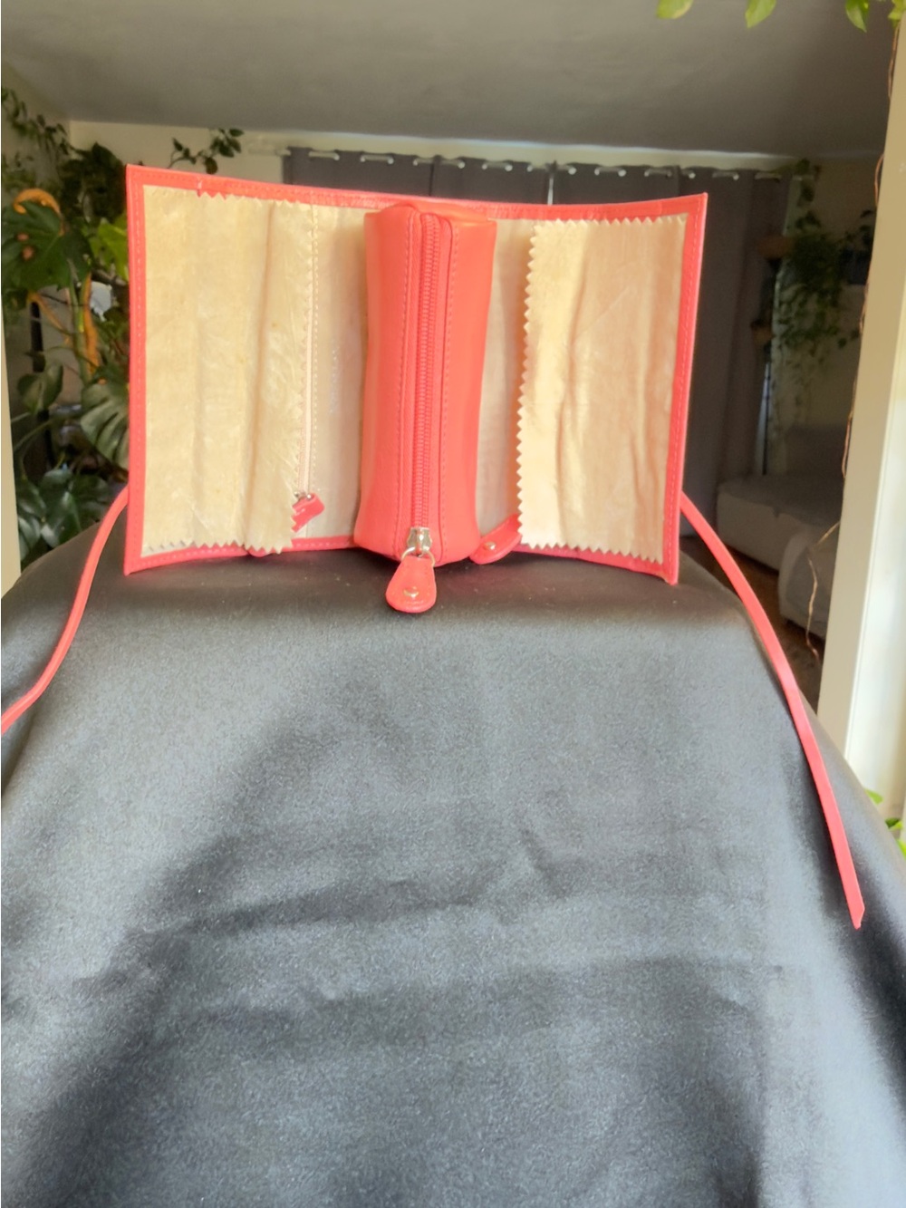 Rowallan of Scotland Coral Pink Leather Travel Jewelry Roll Organizer Wrap Case